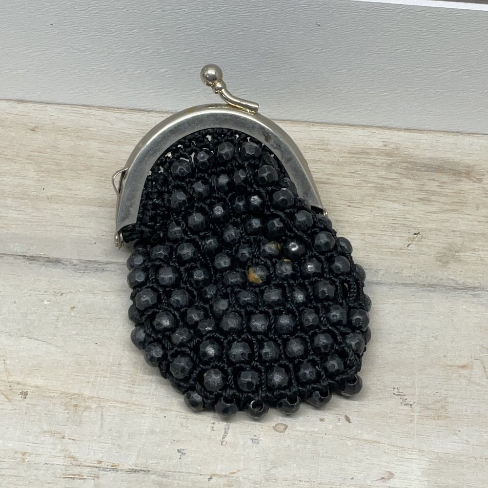 Vintage Black Beaded Coin Purse Kiss Lock Clasp Small Change Pouch Accessory